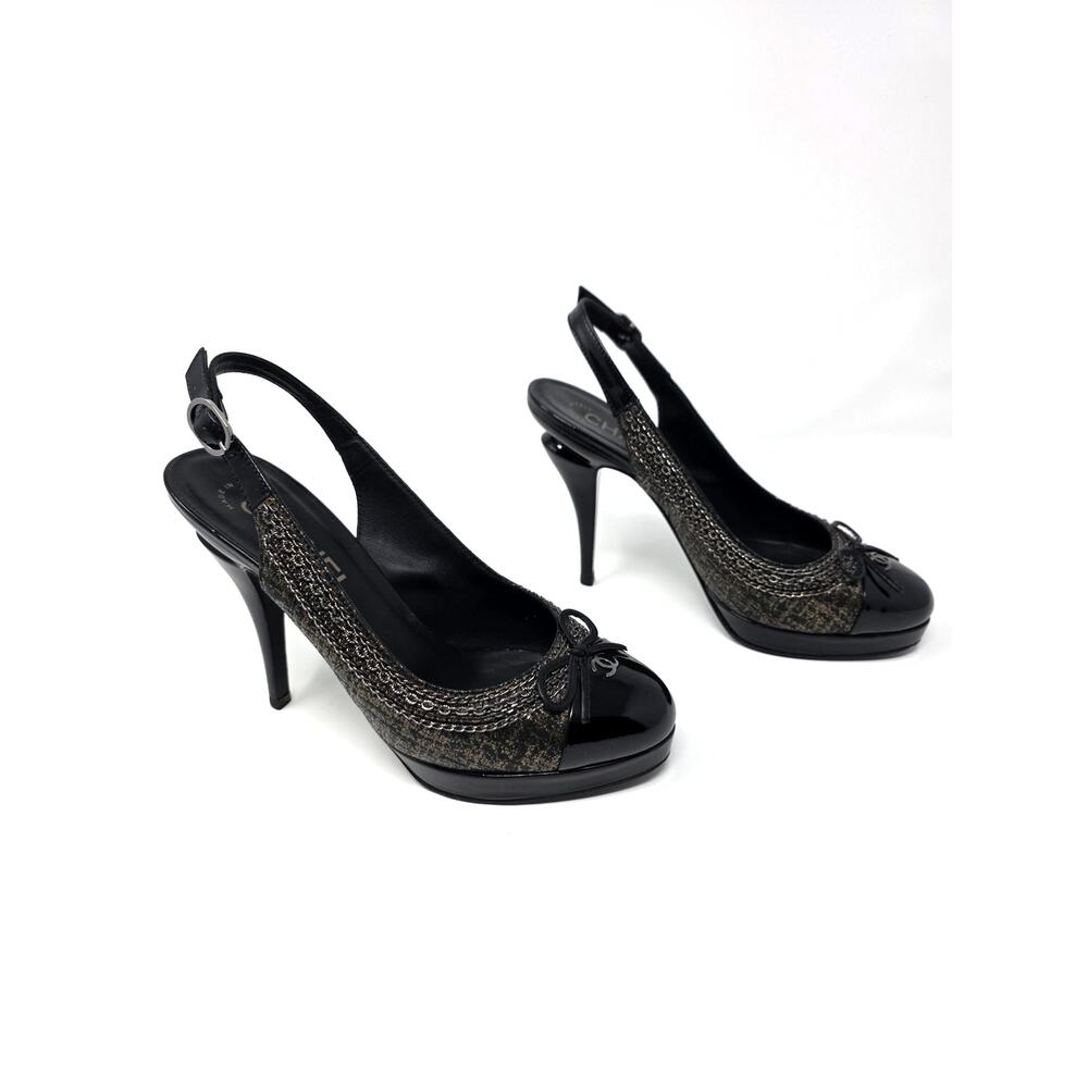 Chanel Slingback Platform Vintage Heels Cap Toe CC Logo Bow Chain Black 36.5 6 - Picture 10 of 10